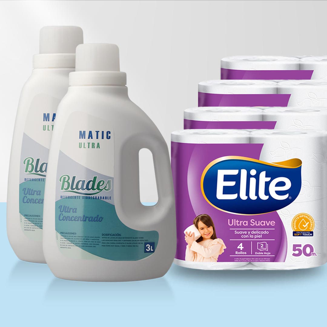 Detergente Ultra 6 Litros + 16 Papel higiénico Elite 50 Mts, Doble Hoja