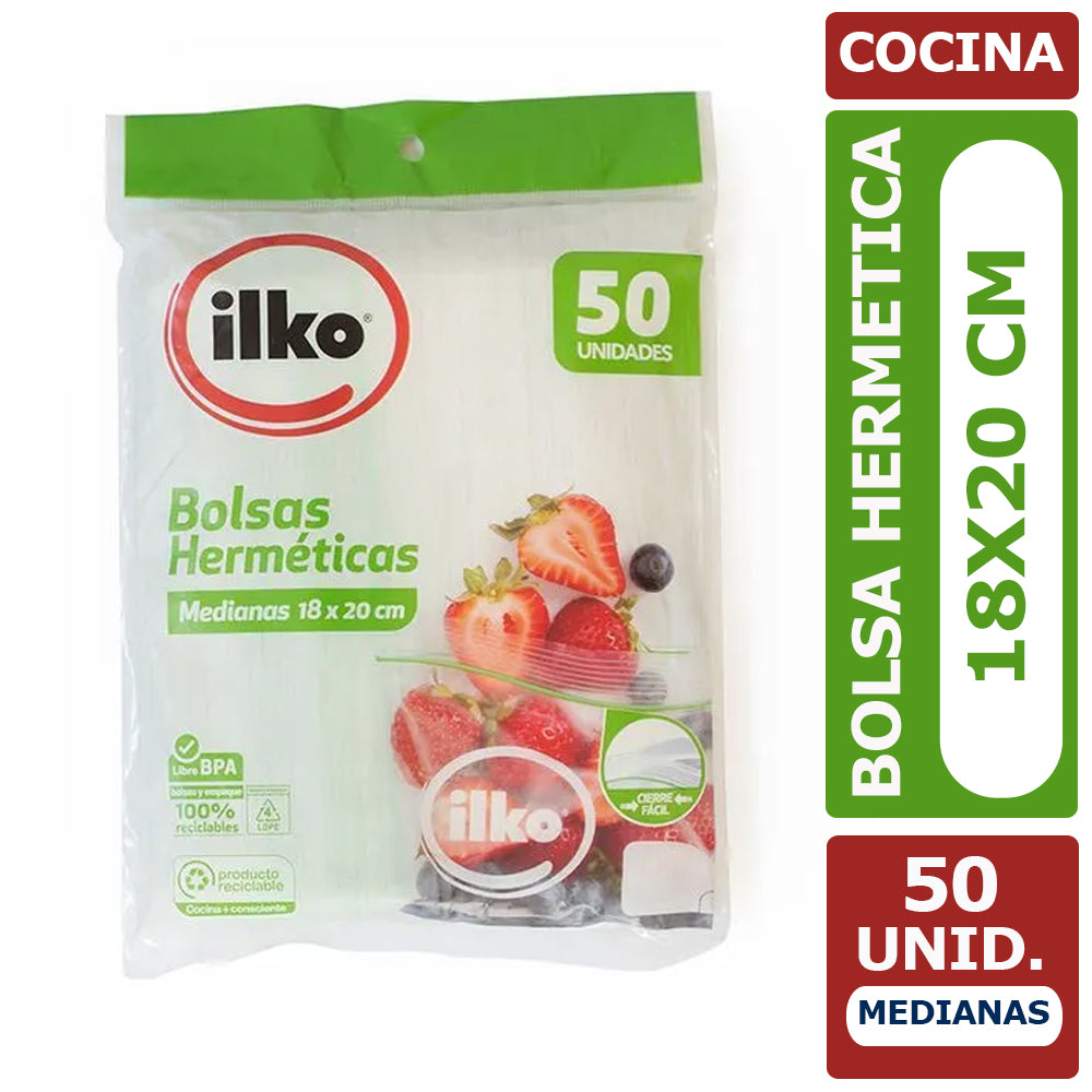 Bolsa Hermética Cierre Fácil Mediana Ilko 18 x 20 cm 50 Unid