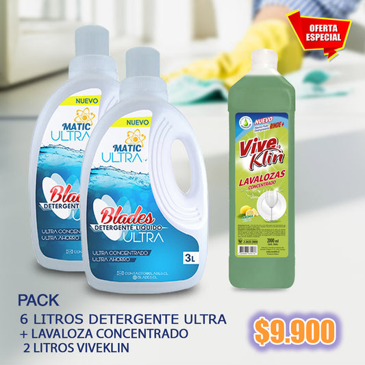 Detergente Liquido Ultra Blades 6 Lts. + 2 Lts. Lavaloza Concentrado Viveklin