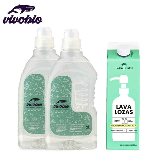 Detergente Ecológico Vivo Bio 2 Unidades de 2 Lts. c/u + Lavaloza Manzana Verde 950 ml Casa Nativa