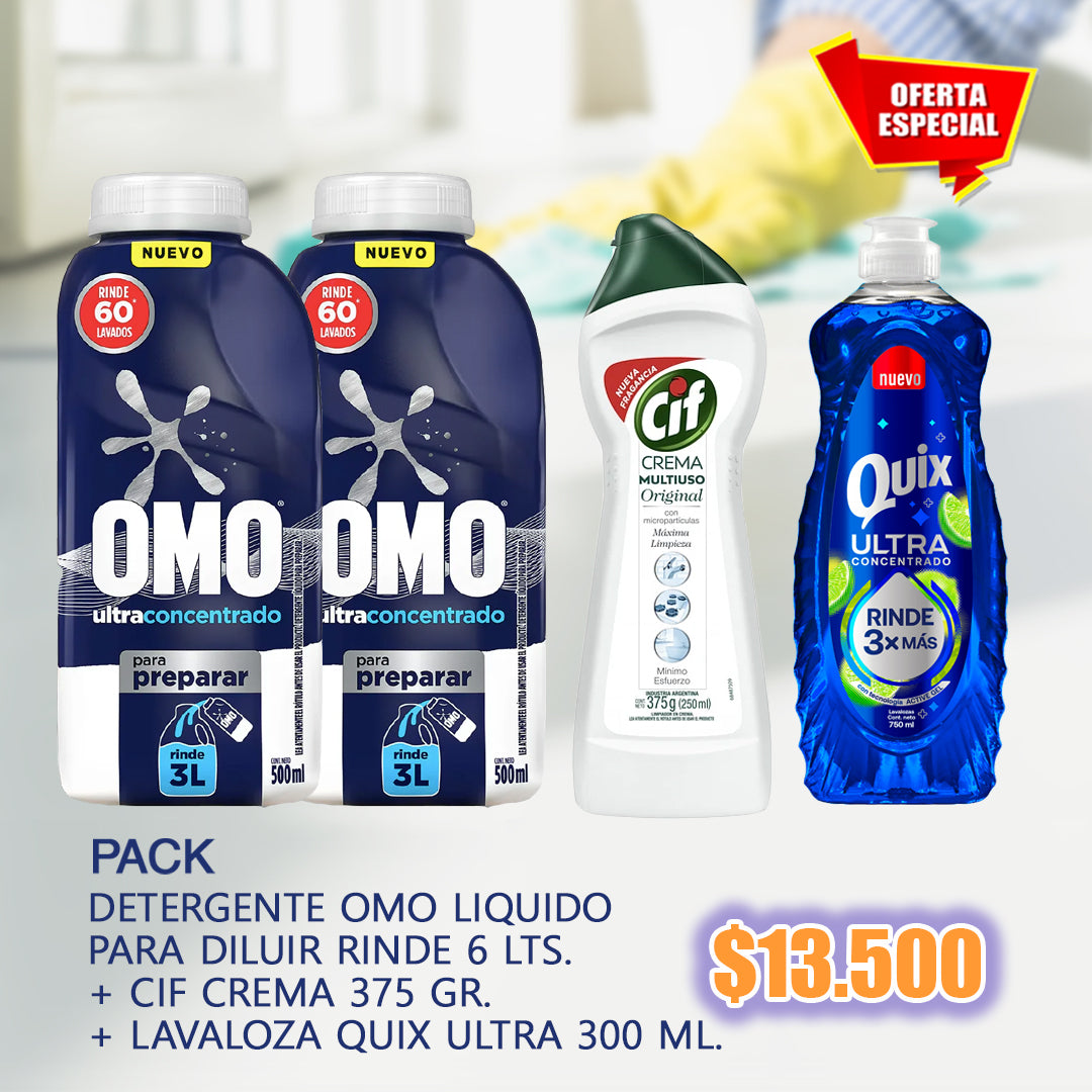 Detergente omo liquido para diluir rinde 6 lts. + cif crema 375 gr. + lavaloza quix Ultra 300 ml.