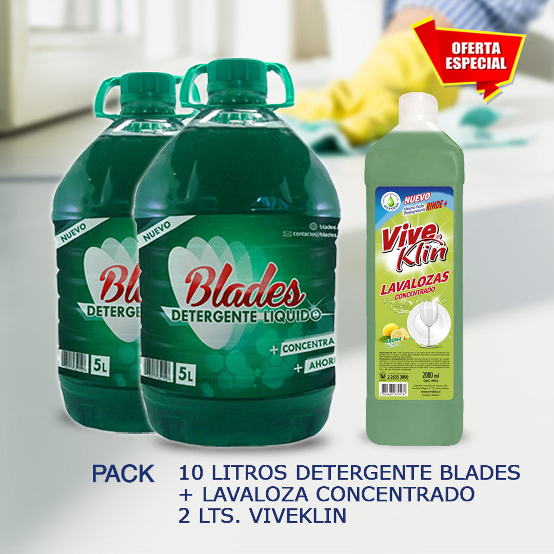 Detergente Concentrado 10 Lts Blades + Lavaloza Concentrado 2 Lts Viveklin