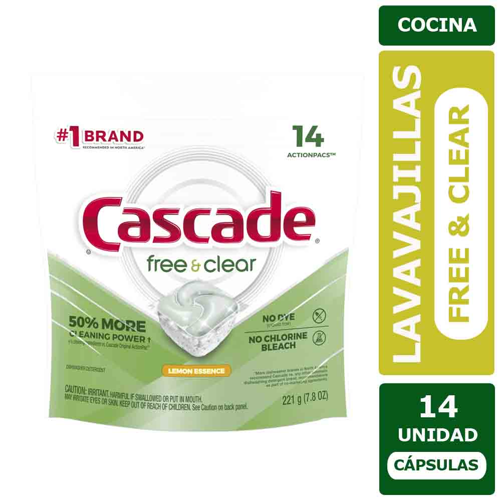 Detergente Lavavajillas Cápsulas Cascade Pods Free & Clear Limón 14 Unid.