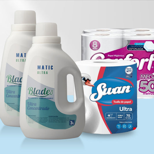 Detergente Liquido 6 Litros + Papel Higiénico Confort 50 mts. 8 rollos + Toalla de Papel Swan 70 Mts