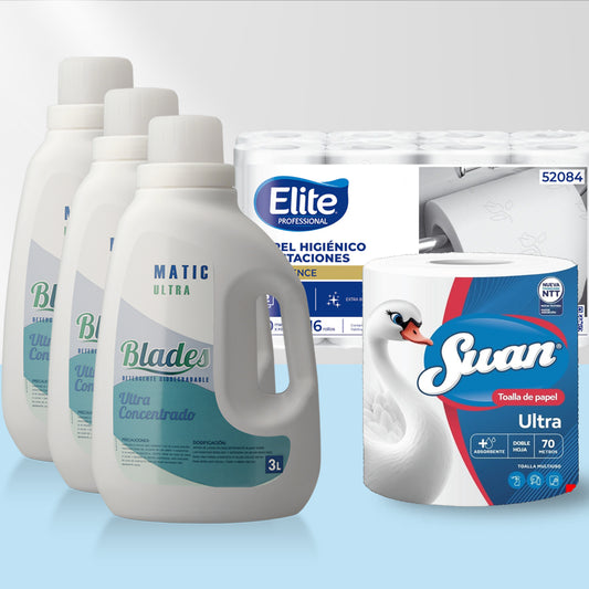Detergente Ultra 9 Litros  + 16 Papel Higiénico Elite 20 mts c/u + Toalla de Papel 70 Mts. Swan