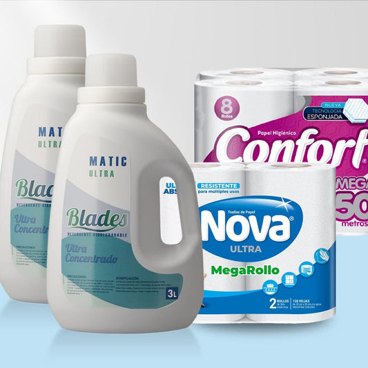 Detergente Liquido 6 Litros + Papel Higiénico Confort 50 mts. 8 rollos + Toalla de Papel Nova 2 Rollos 26 mts c/u