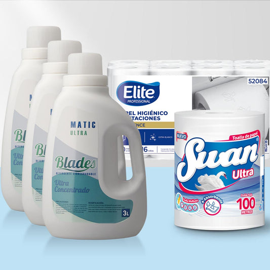 Detergente Ultra 9 Litros  + 16 Papel Higiénico Elite 20 mts c/u + Toalla de Papel 100 Mts Swan