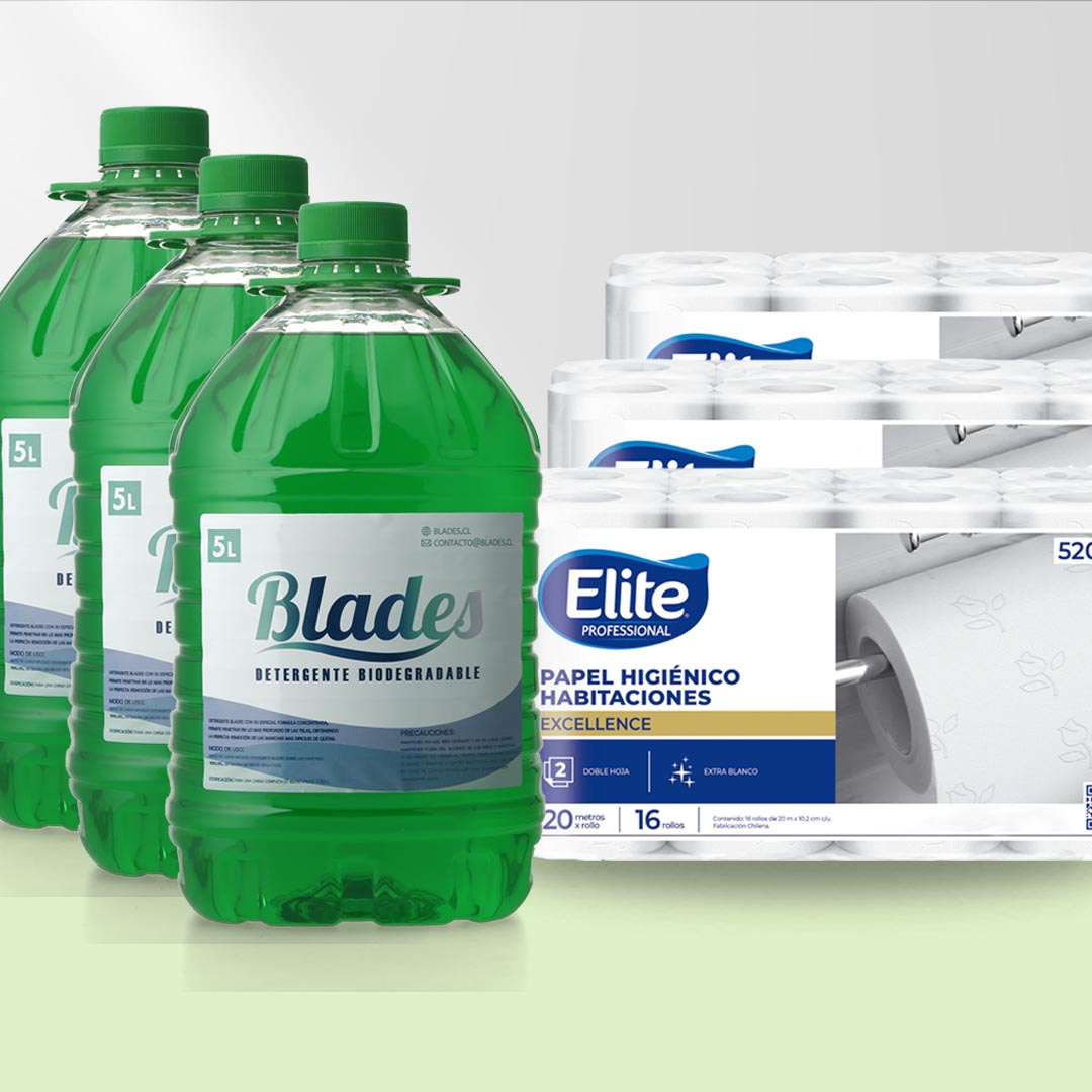 Detergente Blades Concentrado 15 Litros + 48 Papel Higiénico Elite, Doble Hoja 20 Mts. c/u