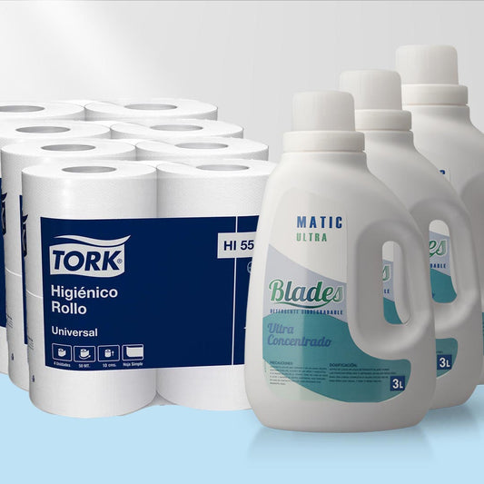 Detergente Ultra 9 Litros + 32 Papel Higiénico Tork 50 Mts, doble Hoja
