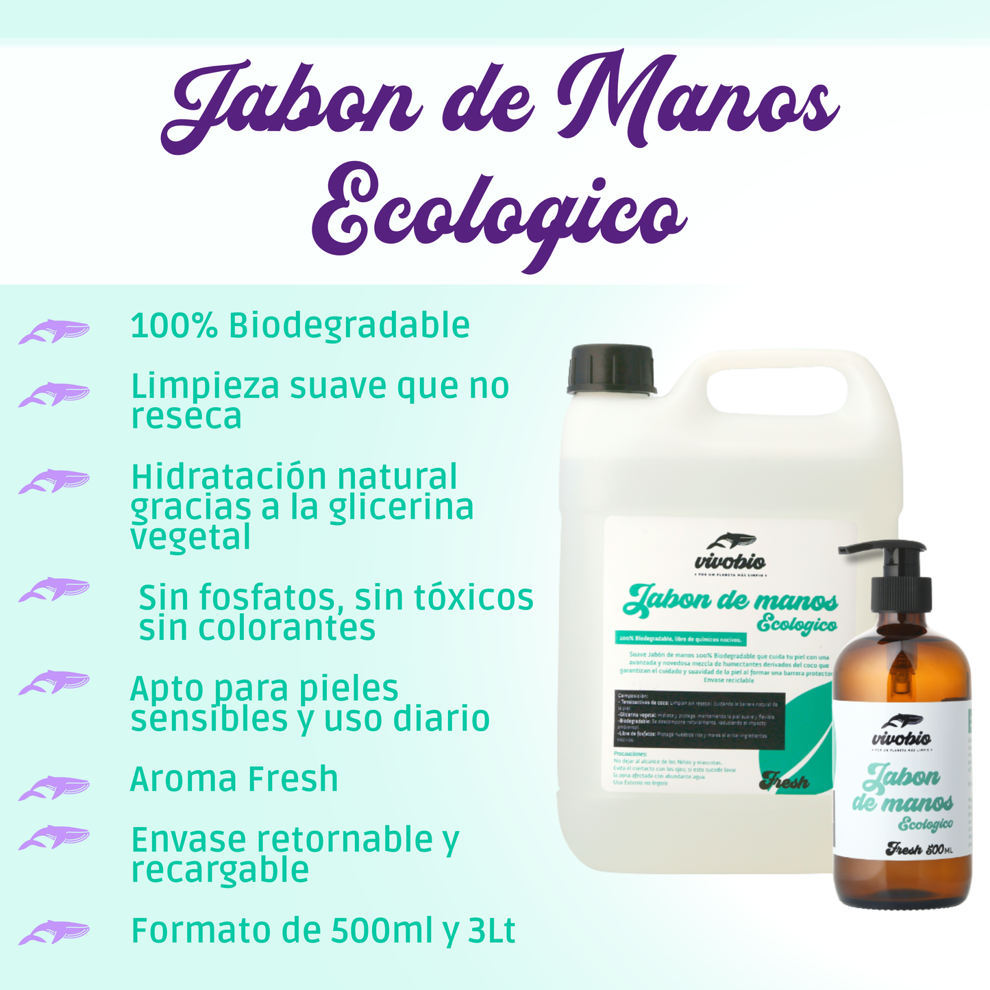 Jabón de Manos Vivobio Envase de Vidrio 500ml Ecológico