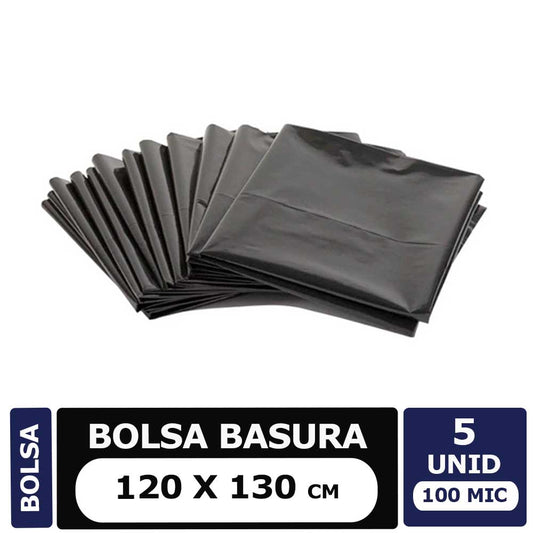 Bolsa Basura Negra Extra Resistente 120x130, 5 Unid. 100 Micrones