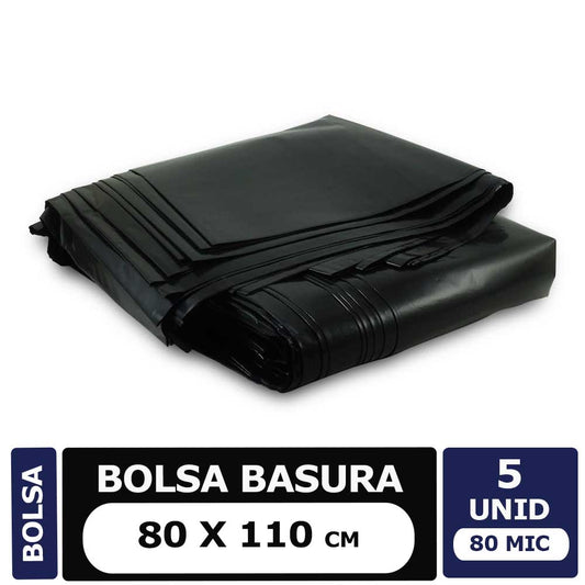 Bolsa Basura Extra Gruesa 80x110 Negra, 5 Unid. 80 Micrones