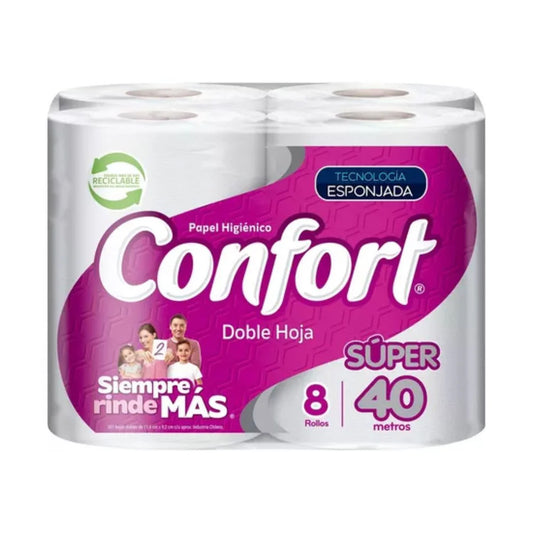 Papel Higiénico Confort 8 Rollos 40 mts c/u Doble Hoja