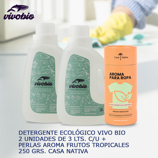 Detergente Ecológico Vivo Bio 2 Unidades de 3 Lts. c/u + Perlas Aroma Frutos Tropicales 250 Grs. Casa Nativa