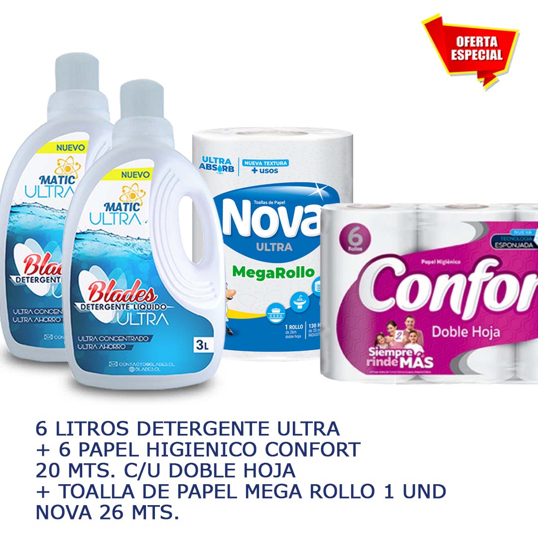 Detergente Ultra 6 Lts + Papel Higienico Confort 6 Rollos + Toalla Mega rollo 1 Unid.