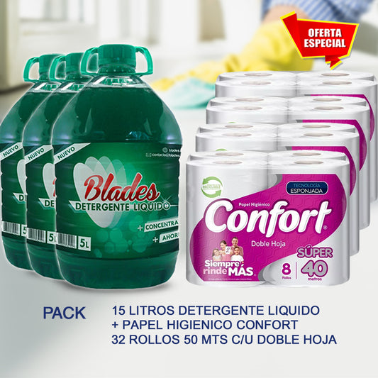 Detergente Concentrado 15 Lts. + Papel Higiénico Confort 32 Rollos 40 mts. c/u