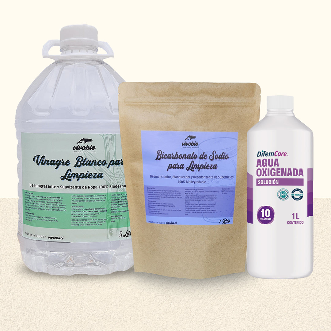 Pack Vinagre de Limpieza 5 Lts + Bicarbonato 1 K. + Agua Oxigenada 1 L.