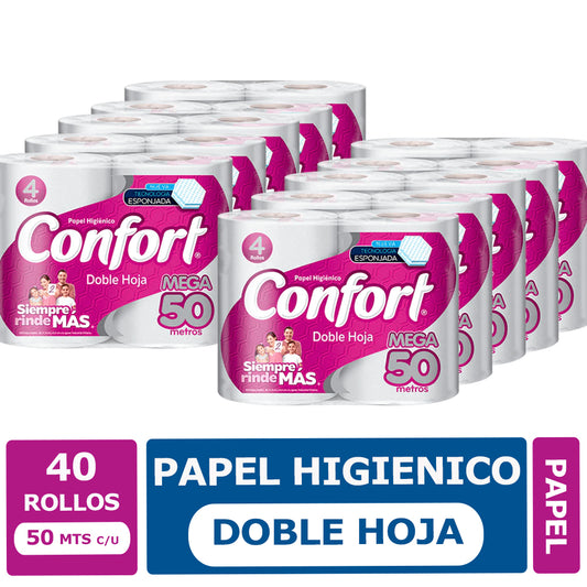 Papel Higiénico Confort 40 Rollos 50 mts c/u Doble Hoja