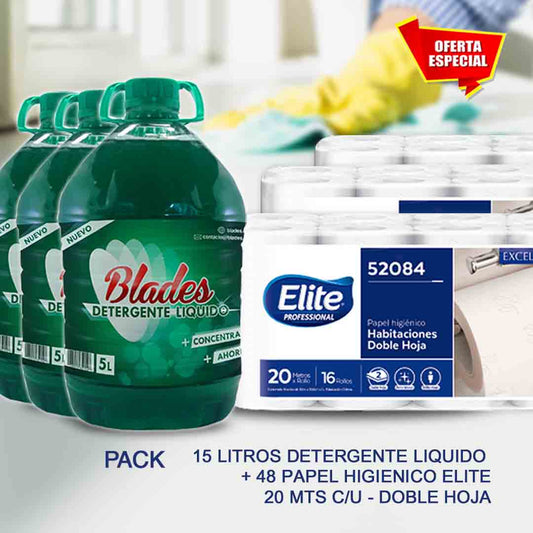 Detergente Blades Concentrado 15 Litros  + 48 Papel Higiénico Elite, Doble Hoja 20 Mts. c/u