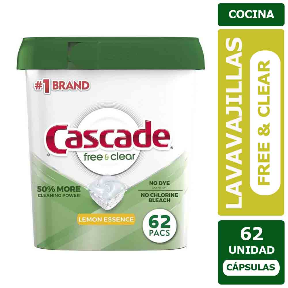 Detergente Lavavajillas Cápsulas Cascade Pods Free & Clear Limón 62 Unid.