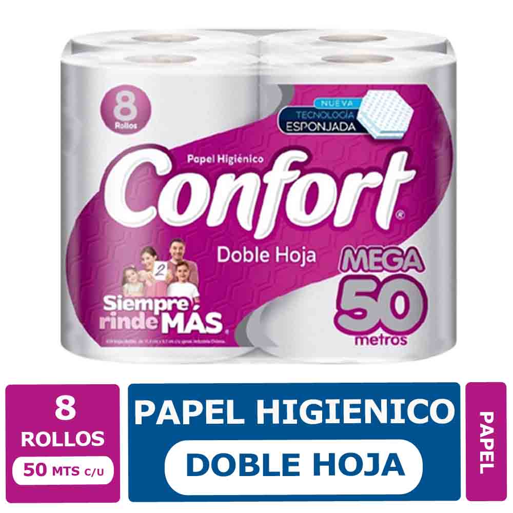 Papel Higiénico Confort 8 Rollos 50 mts c/u Doble Hoja